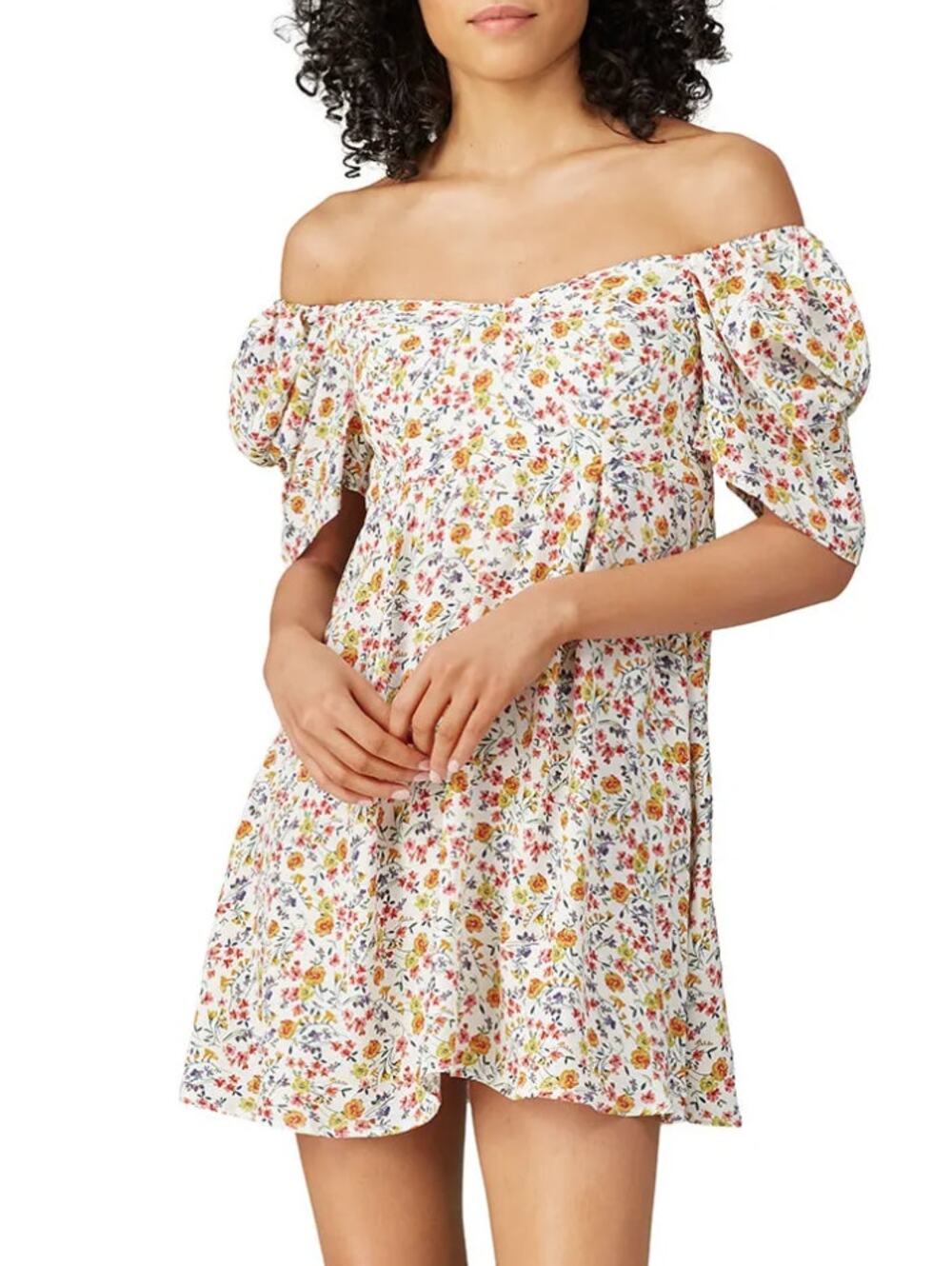 Flynn Skye Floral Mini Dress MEDIUM Off Shoulder Babydoll Vacation Designer $167